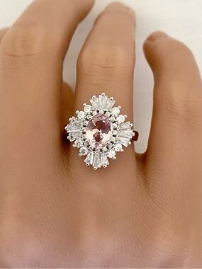 Oval Lab Pink Morganite Round And Baguette CZ Sterling Silver Cluster Halo Ring